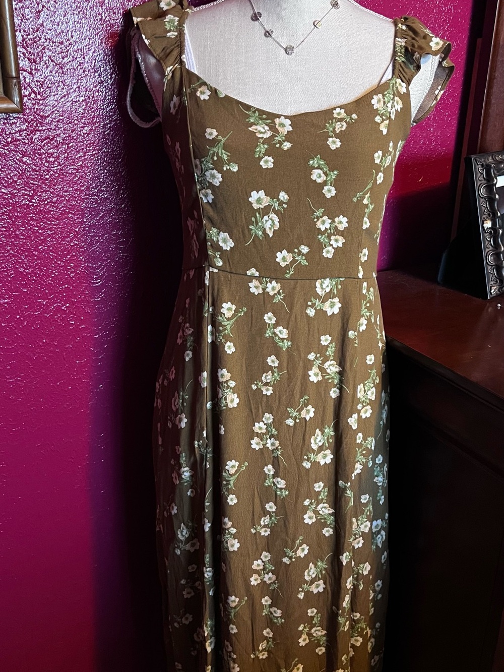 The Workshop Brown Floral Ruffle Strap Maxi Dress